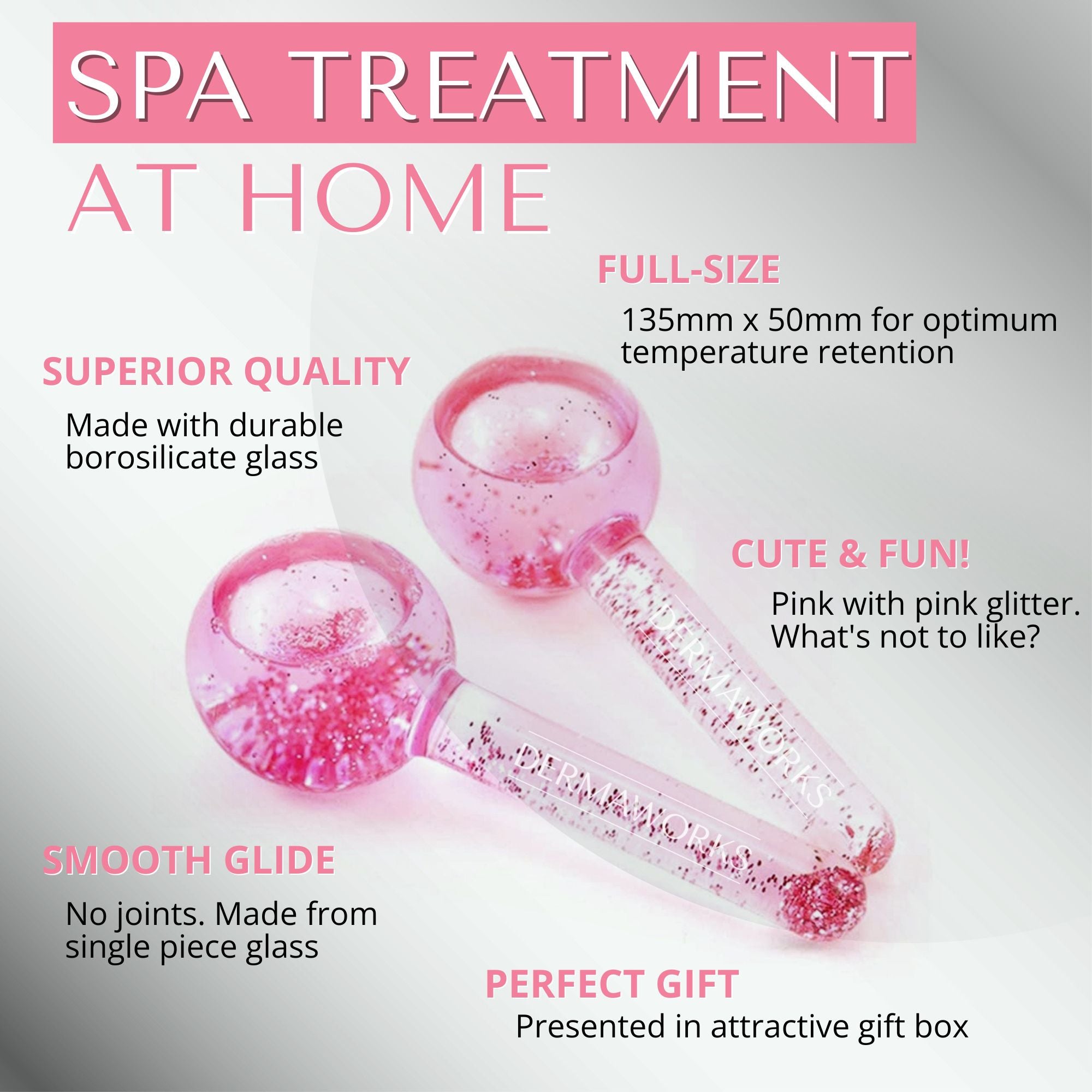 Spa treatment at home with superior quality, full size pink and glittery ice globes for face. An ideal gift for her in a smart presentation box.