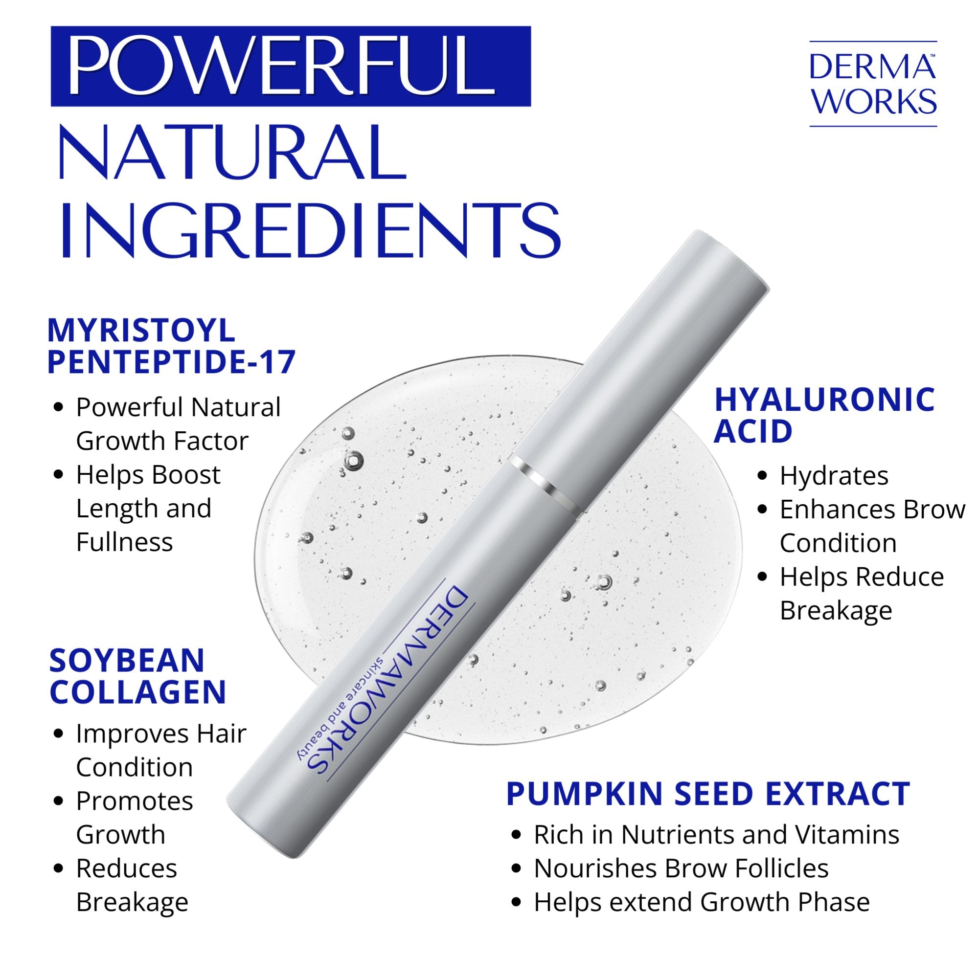 Dermaworks rapid brow serum boasts a powerful peptide growth factor, soybean collagen, pumpkin seed extract and hyaluronic acid.