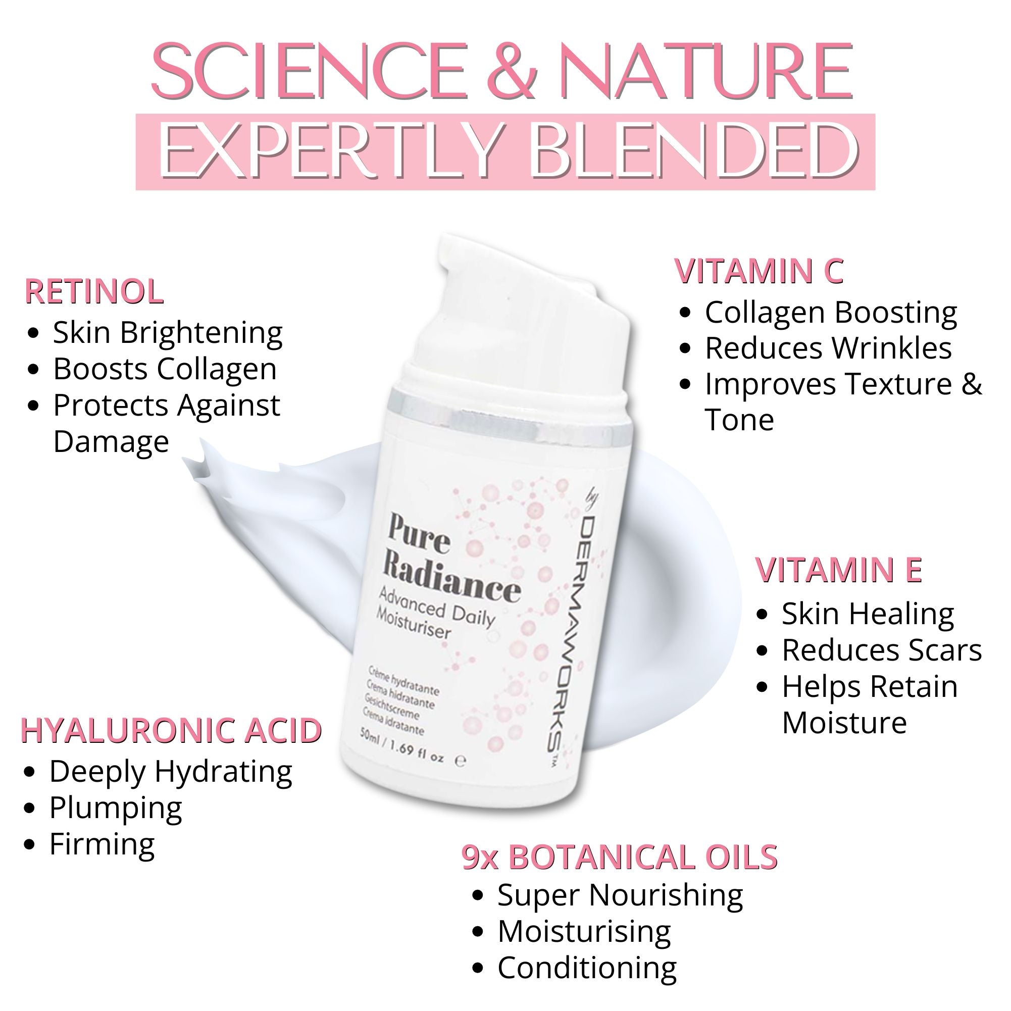 Pure Radiance A, C & E anti-wrinkle moisturiser with hyaluronic acid is deeply hydrating, skin firming and plumping, skin healing and brightening.