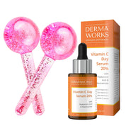 Pink ice globes for face and eyes, plus brightening vitamin C serum with hyaluronic acid and niacinamide for healthy, glowing skin.