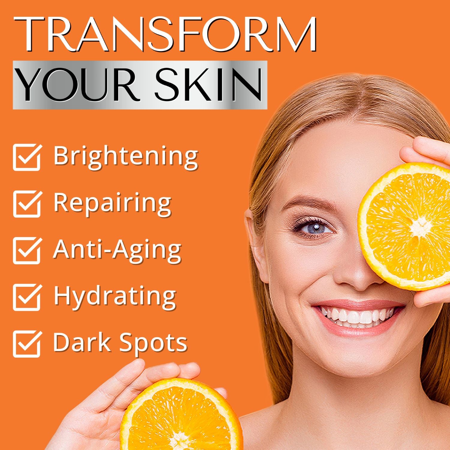 Dermaworks vitamin C serum for brightening, anti-aging, and hydration, with radiant skin benefits. Reduces dark spots for a glowing complexion. 'Transform your skin'.