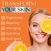 Dermaworks vitamin C serum for brightening, anti-aging, and hydration, with radiant skin benefits. Reduces dark spots for a glowing complexion. 'Transform your skin'.