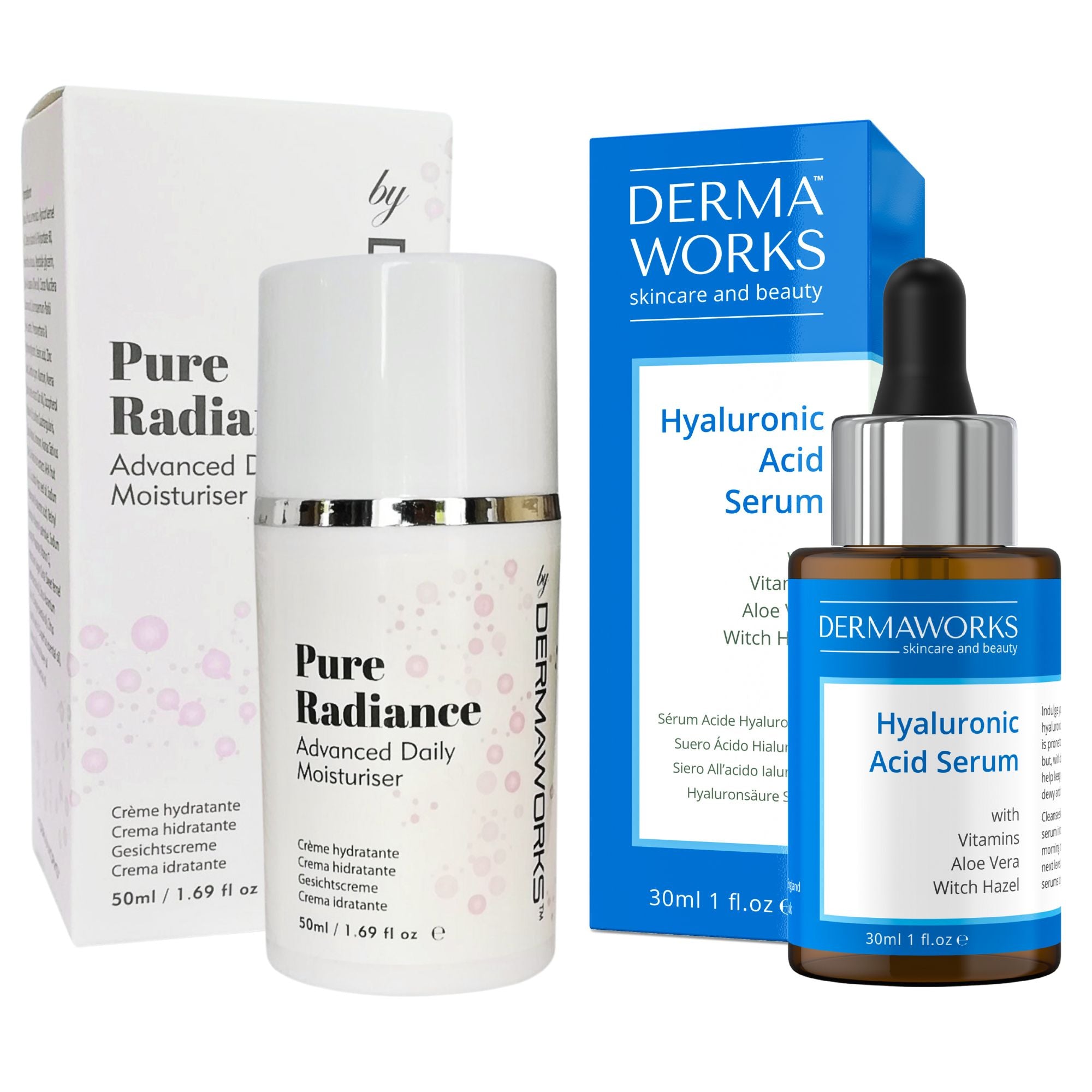 Hydrating skincare bundle for women featuring, Pure Radiance daily moisturiser face cream and hydrating hyaluronic acid serum with vitamin C & E.