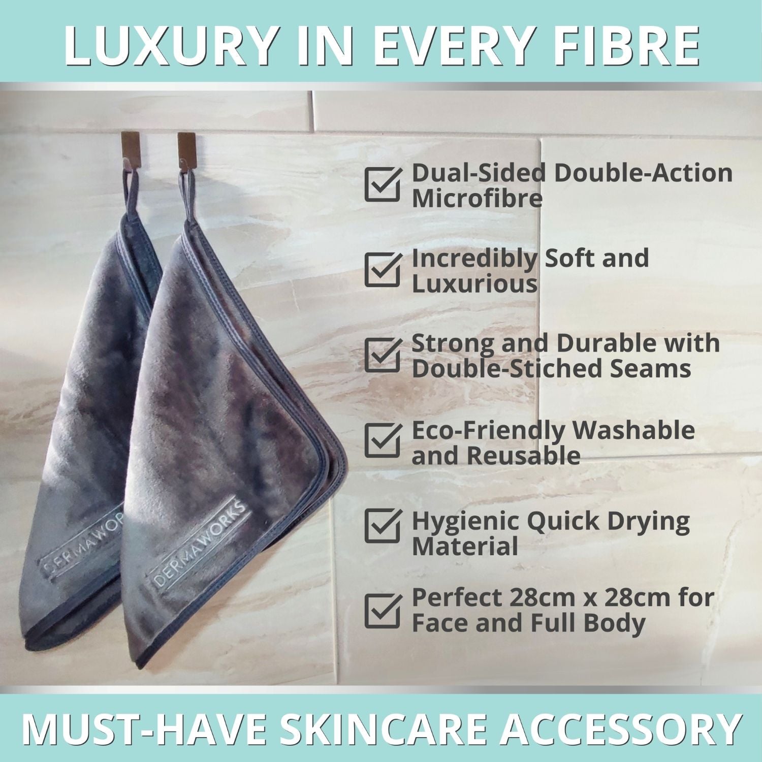 Our dual-action 28cmx28cm microfibre face cloths are washable and reusable, making them the perfect eco-friendly choice.