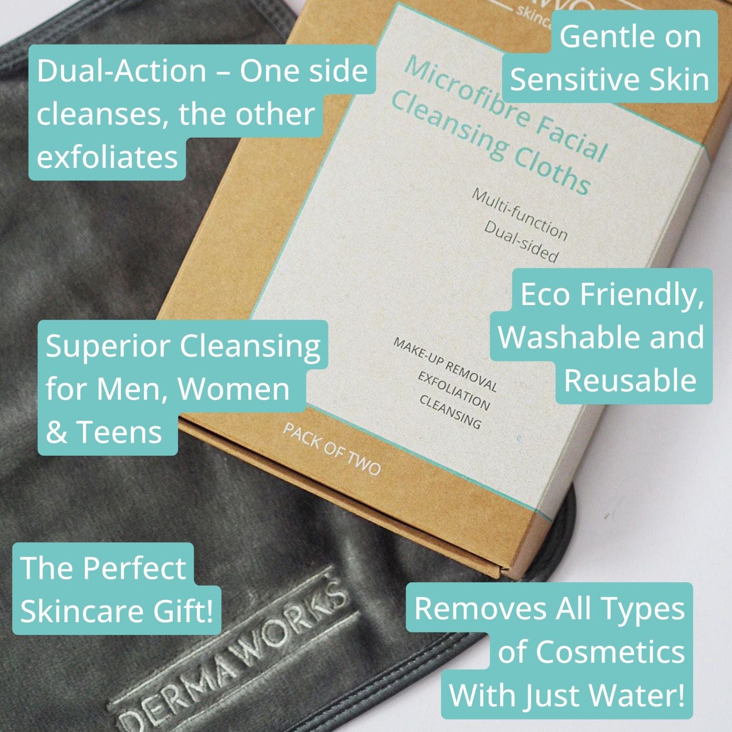 Dermaworks eco-friendly deep cleansing and exfoliating face cloths remove make up with just water. Superior cleansing for men, women and teen skin.