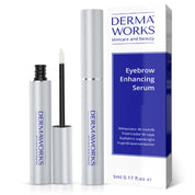 Dermaworks brow serum for fuller, thicker eyebrows—image of the eyebrow growth serum flacon next to its packaging box, showcasing the sleek design of this UK brow-enhancing product.