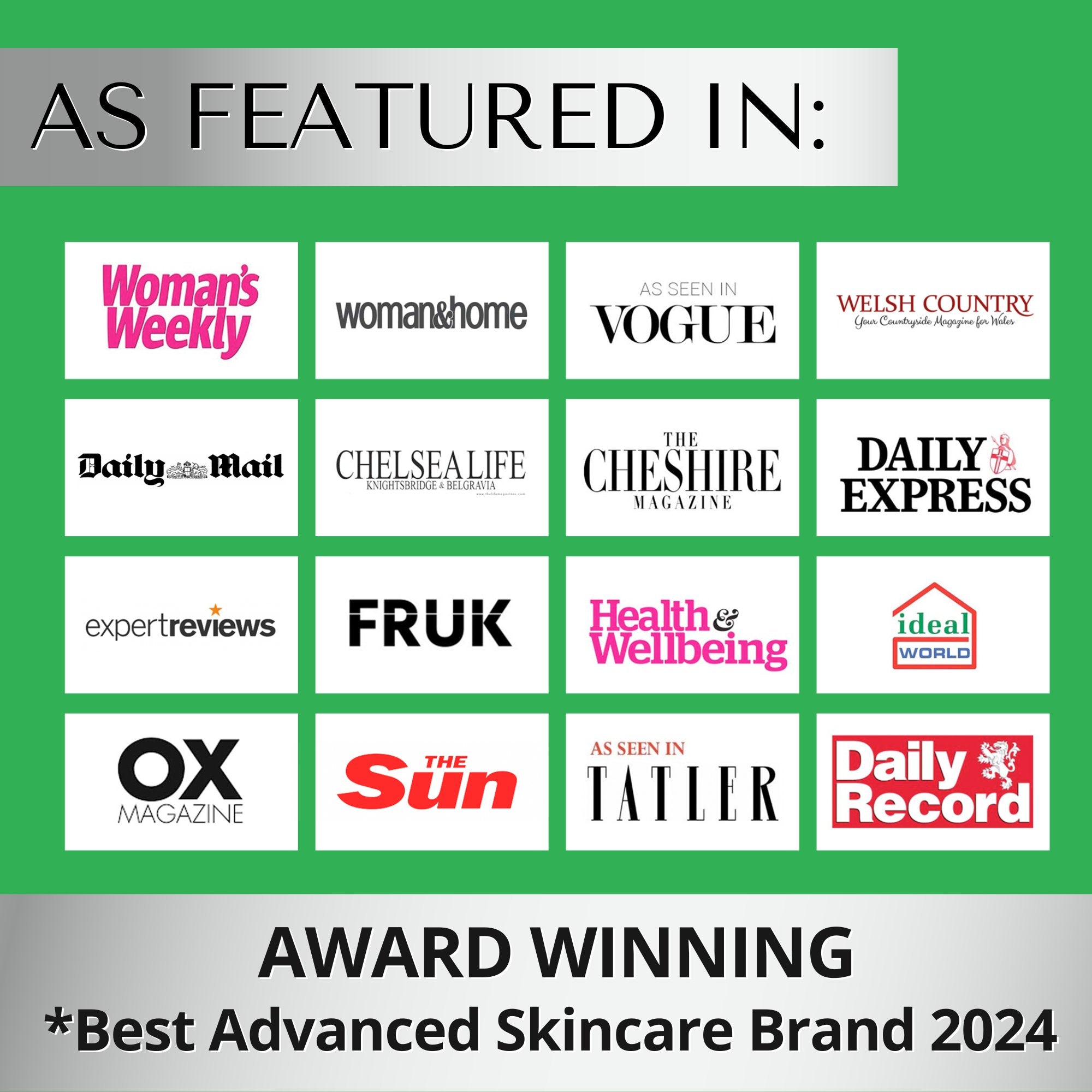 Dermaworks, the award winning skincare brand of 2024, as featured in leading publications, Vogue, Tatler and Ox magazine.