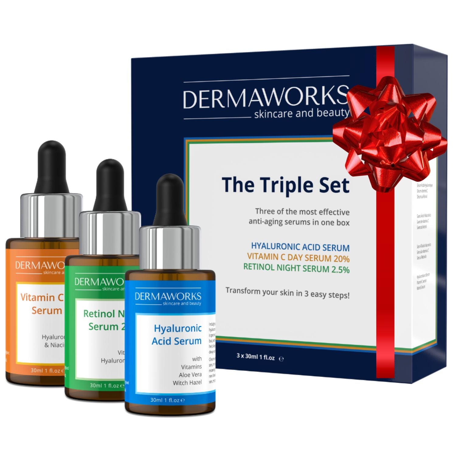 Dermaworks Triple Set skincare gift box featuring vitamin C, hyaluronic acid, and retinol serums—perfect anti-aging serum set for glowing, hydrated skin, ideal skincare gift.