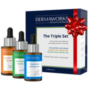 Dermaworks Triple Set skincare gift box featuring vitamin C, hyaluronic acid, and retinol serums—perfect anti-aging serum set for glowing, hydrated skin, ideal skincare gift.