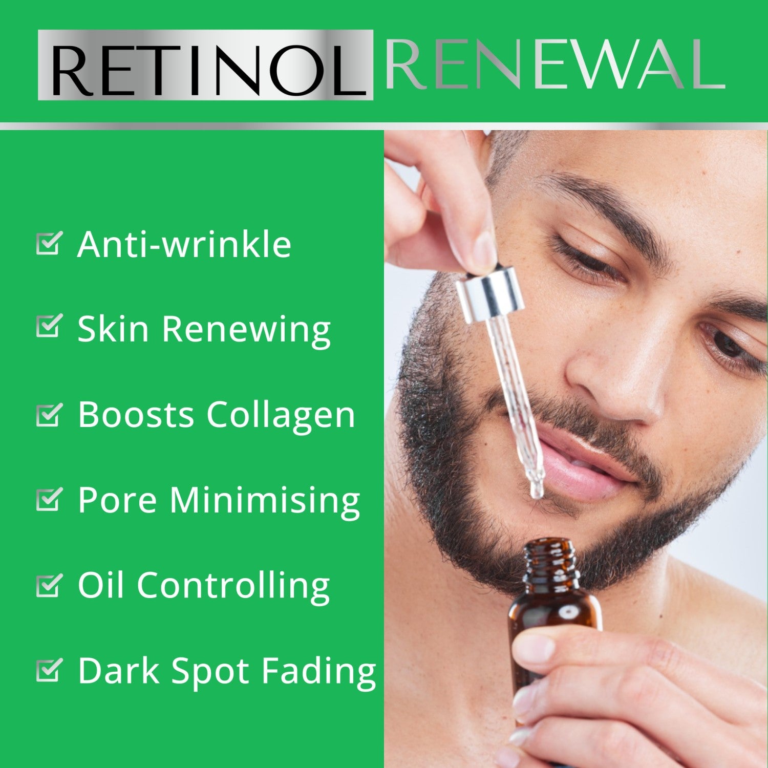 Retinol serum for men that is anti-wrinkle, skin renewing, boosts collagen, controls oil and minimises pores for younger looking, even toned skin.