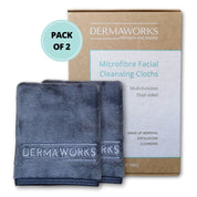 Dermaworks dual-sided luxury exfoliating face cloths—reusable, washable microfiber makeup remover cloths for gentle cleansing and exfoliation, shown folded beside branded box.