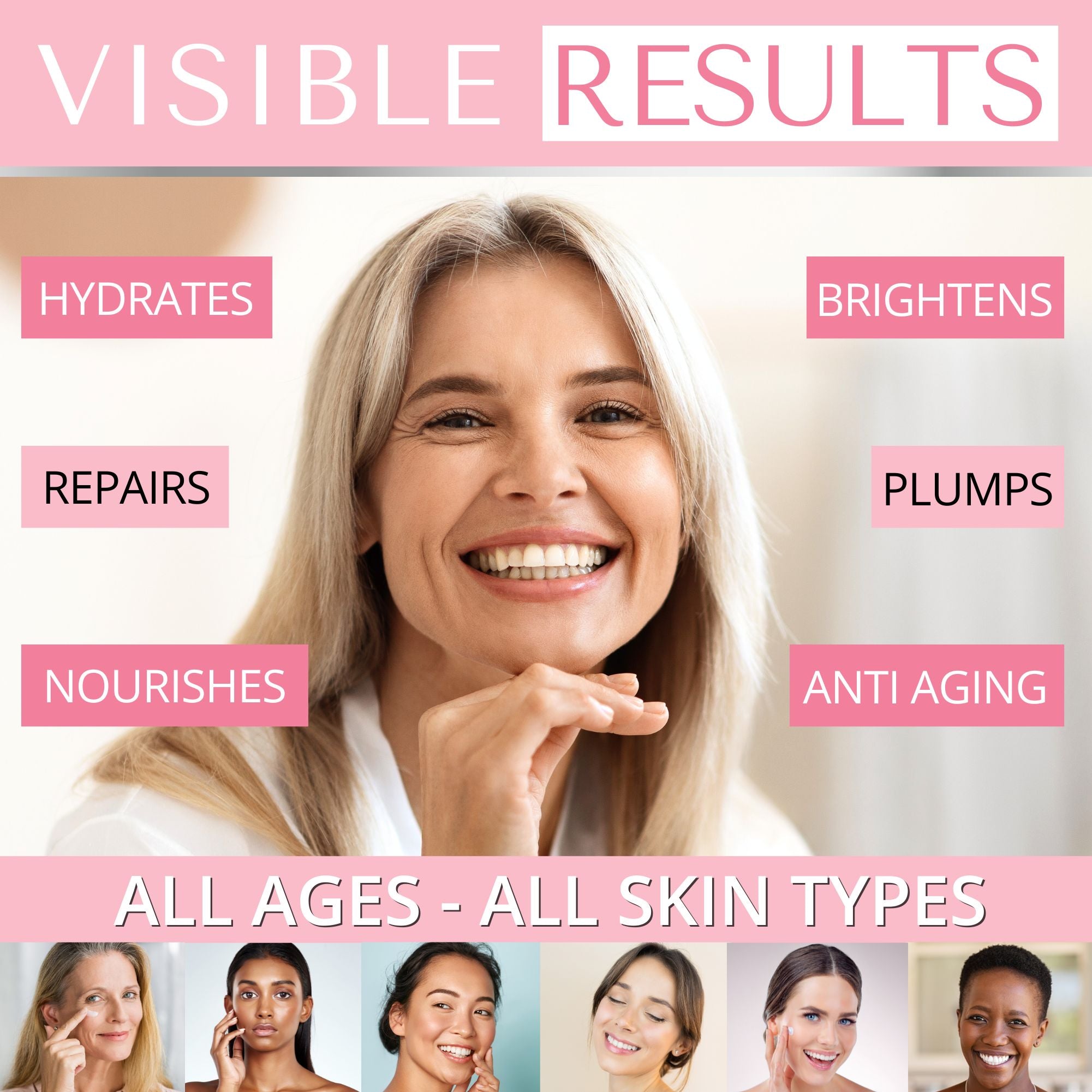 Visible results from Dermaworks moisturiser for women, anti-aging, nourishes, repairs, plumps, hydrates and brightens skin.