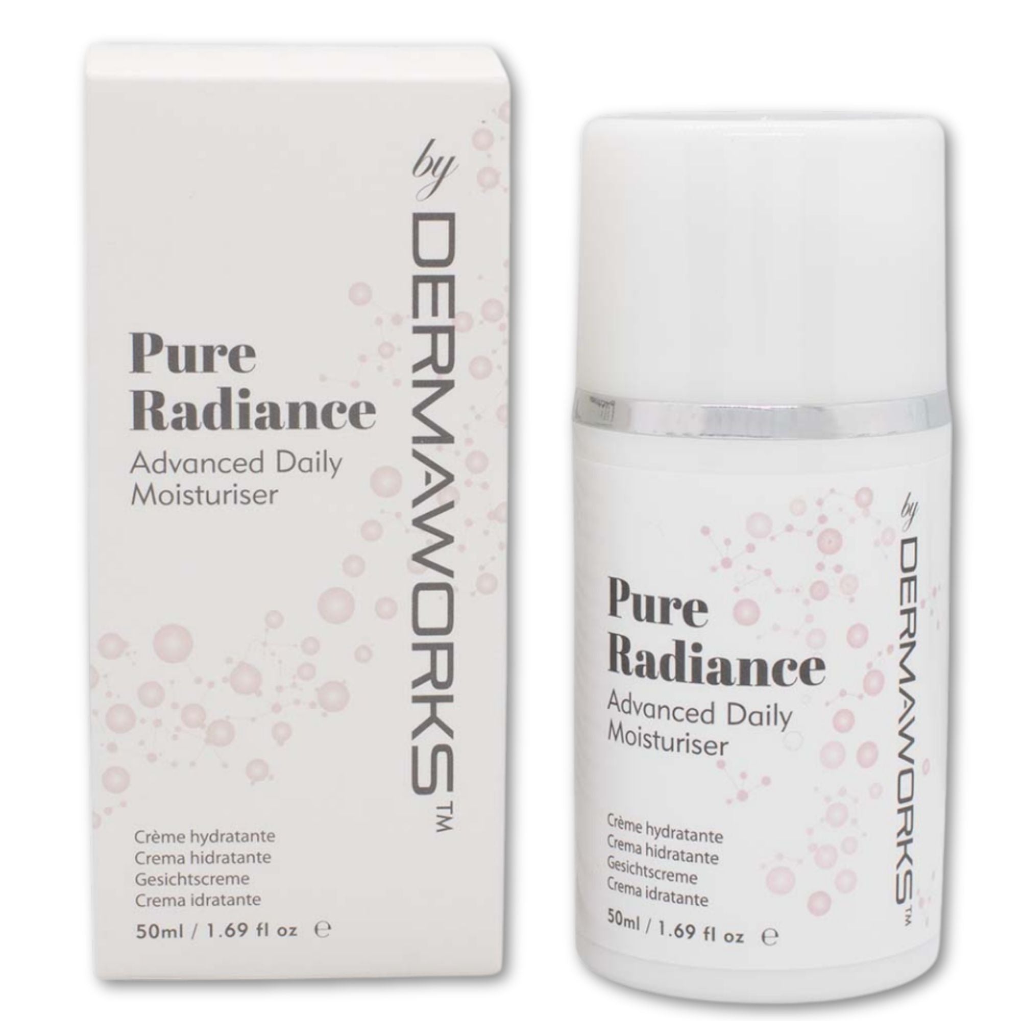 Dermaworks pure radiance advanced daily face cream moisturiser for women with hyaluronic acid, vitamin C, vitamin E and retinol.