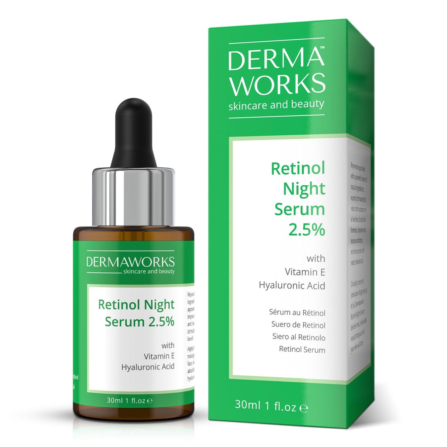 Dermaworks Retinol Serum with hyaluronic acid, vitamin E, and jojoba oil—anti-aging face serum for fine lines, wrinkles, and skin renewal, shown in sleek bottle with packaging.