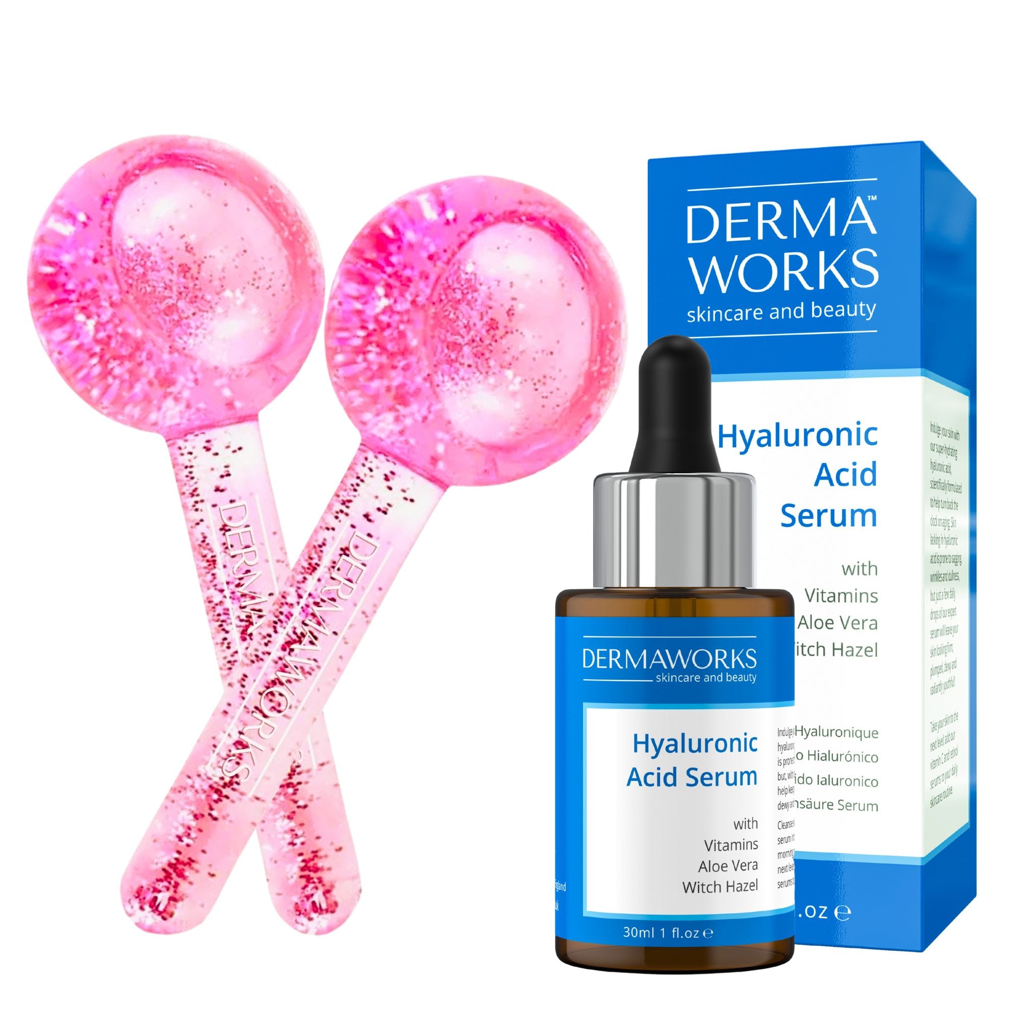 Pink ice globes for face and eyes, plus hyaluronic acid hydrating serum with vitamin C, vitamin E, aloe vera and witch hazel for healthy, glowing skin.