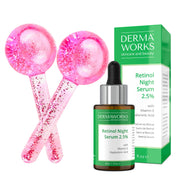 Dermaworks retinol night serum with vitamin E and hyaluronic acid, plus ice globes for face and eyes anti-aging skincare bundle.