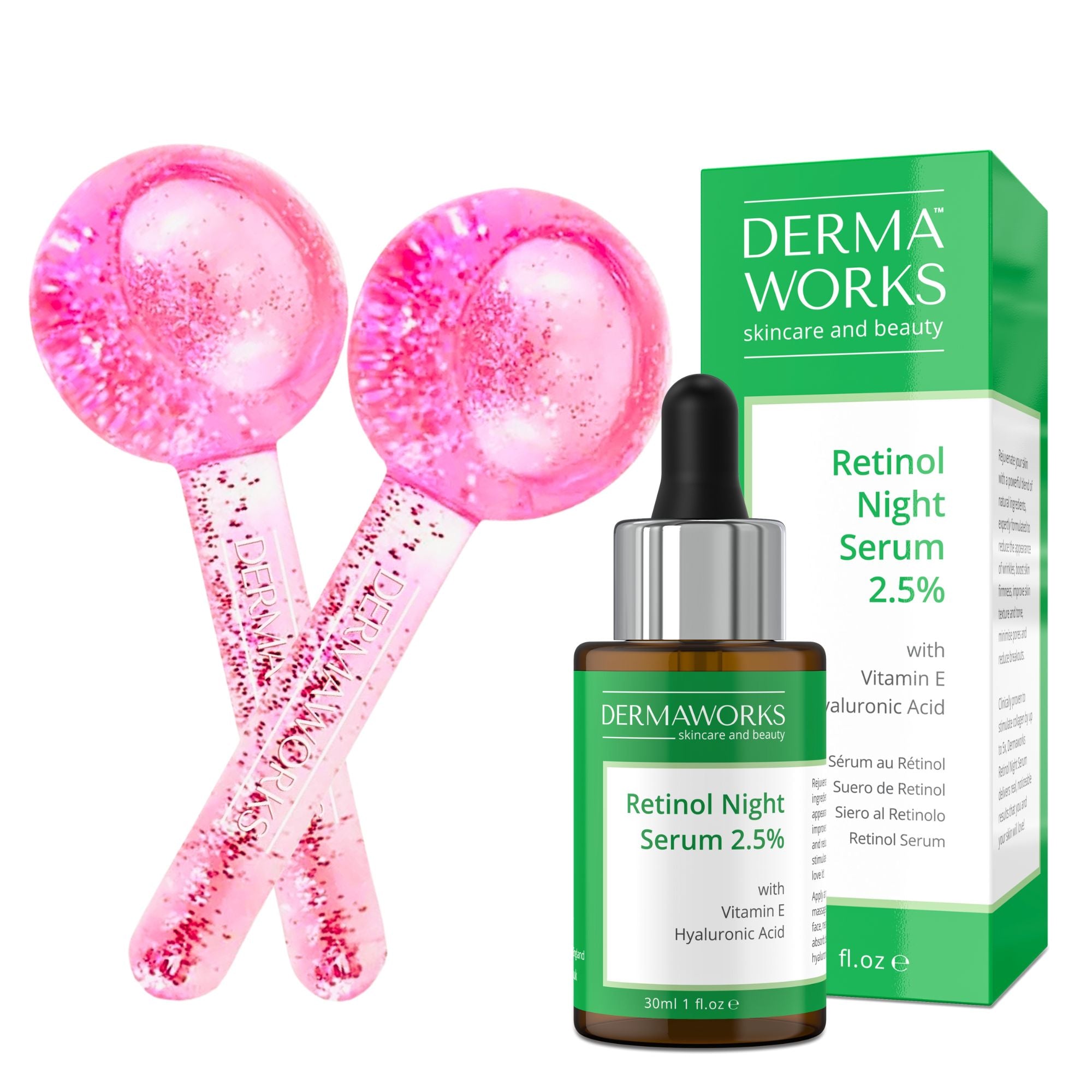 Dermaworks retinol night serum with vitamin E and hyaluronic acid, plus ice globes for face and eyes anti-aging skincare bundle.