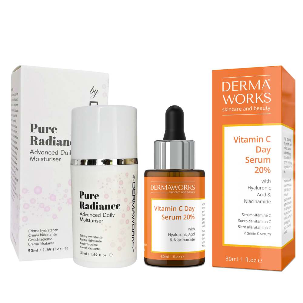 Dermaworks advanced daily moisturiser face cream and brightening vitamin C serum with niacinamide for youthful, radiant skin.