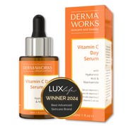 Dermaworks brightening vitamin c face serum with hyaluronic acid and niacinamide. Anti aging skin care. Dark spot correcting glow serum.