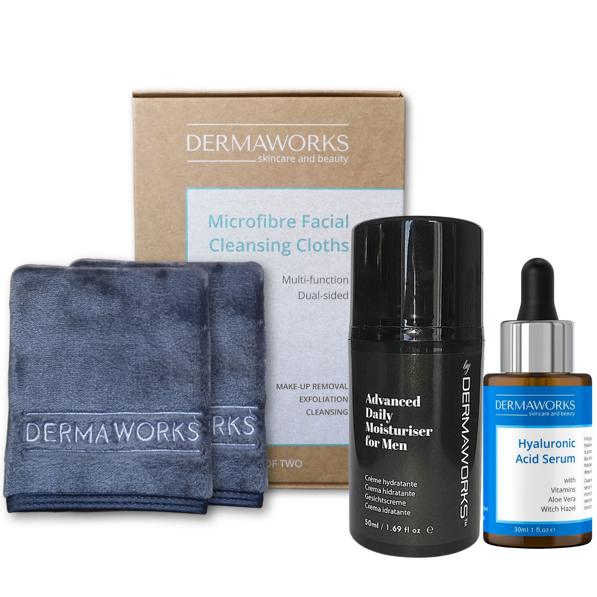 Men's Hydrating Skincare Bundle: Face Cleansing Cloths, Hyaluronic Acid Serum & Moisturiser