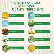 Skincare gift set main ingredients; retinol, vitamin C, vitamin E, hyaluronic acid, niacinamide, jojoba oil, green tea, witch hazel and aloe vera.