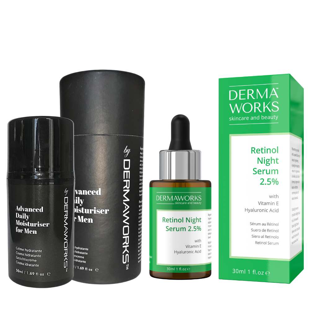 Dermaworks mens anti aging skin care set featuring men's expert moisturiser face cream and retinol night serum.