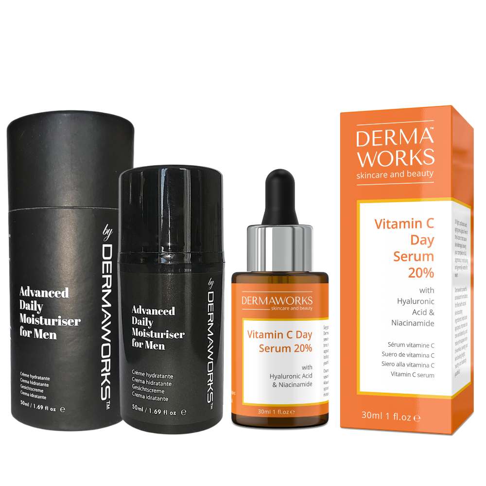 Mens expert moisturiser face cream and anti aging vitamin C serum combo for bright, healthy looking skin.