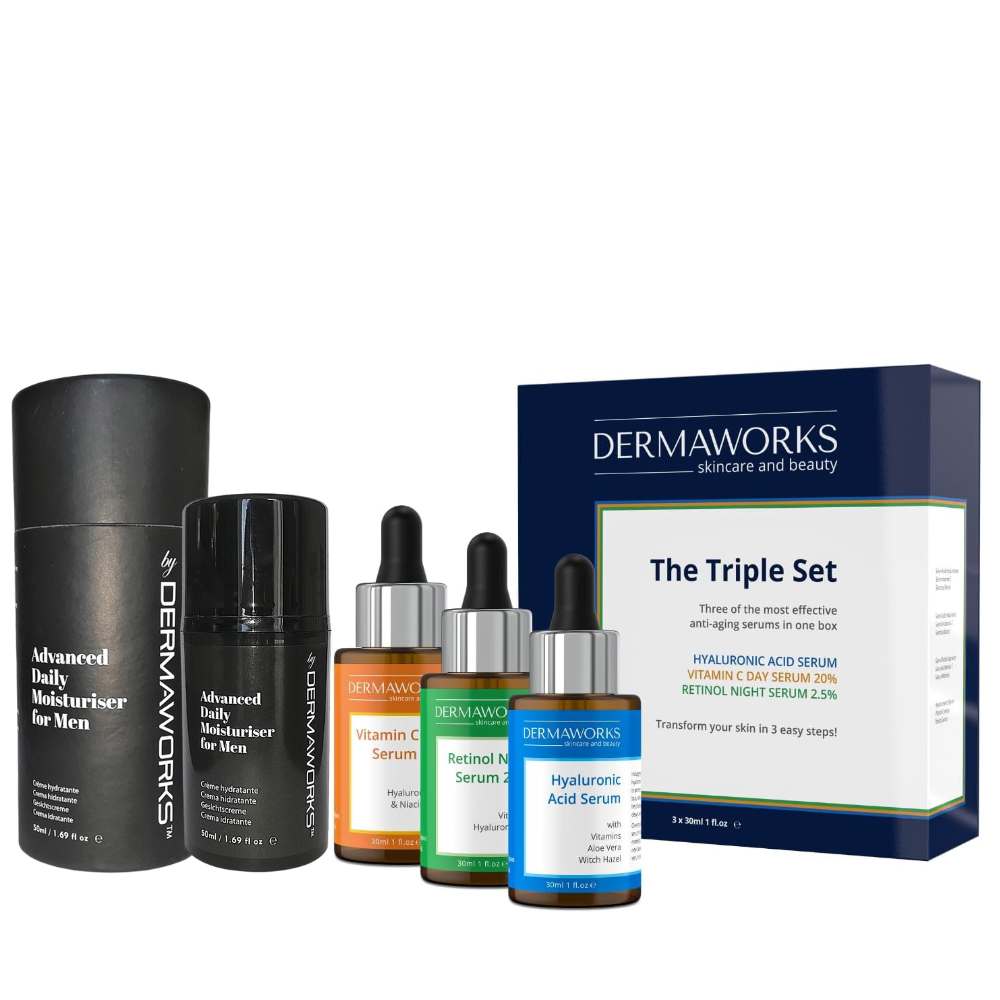 Dermaworks triple serum and moisturiser bundle featuring anti-aging retinol serum, vitamin C serum, Hyaluronic acid serum for face, plus our expert moisturiser for men.