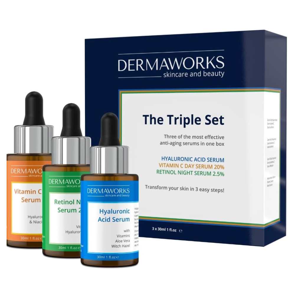 Dermaworks anti aging skincare serum set featuring vitamin C day serum with niacinamide, retinol serum with vitamin E, and hyaluronic acid serum with vitamins, witch hazel and aloe vera.