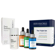 Dermaworks triple skincare serum set with anti-aging moisturiser features retinol serum, vitamin C serum, Hyaluronic acid serum and an advanced moisturising face cream .